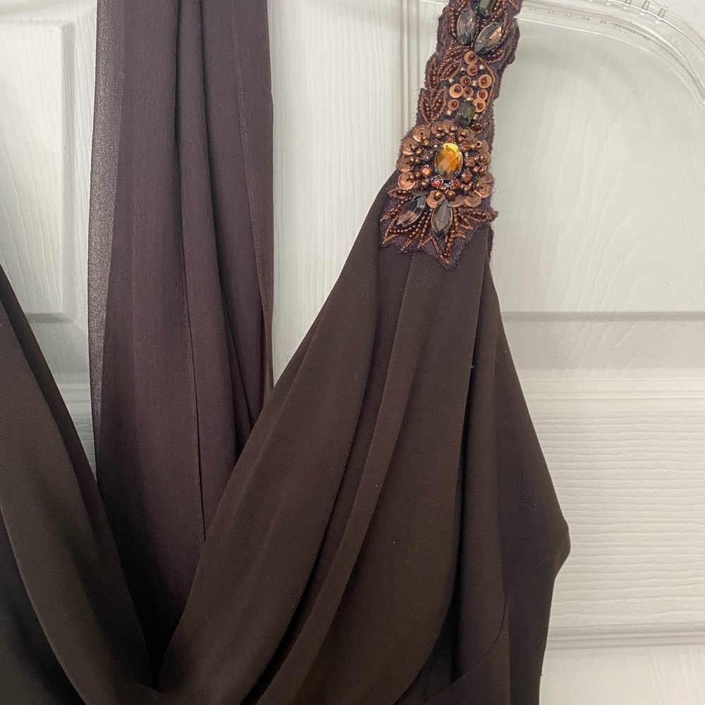 Brown faux satin cowl neck gown with beaded straps